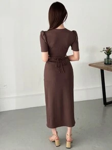 FRIFUL 泡泡袖镂空腰长裙太阳裙 - 棕色 - 查看 5