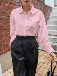 DAZY Business Casual Style Solid Color Collared Fitted Long Sleeve Blouse For Women,Long Sleeve Tops Summer