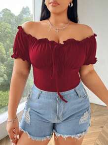 Flirla Plus Size Solid Color Off-Shoulder Frill Trim Chest Pleated Tie Knot T-Shirt - Burgundy - View 1