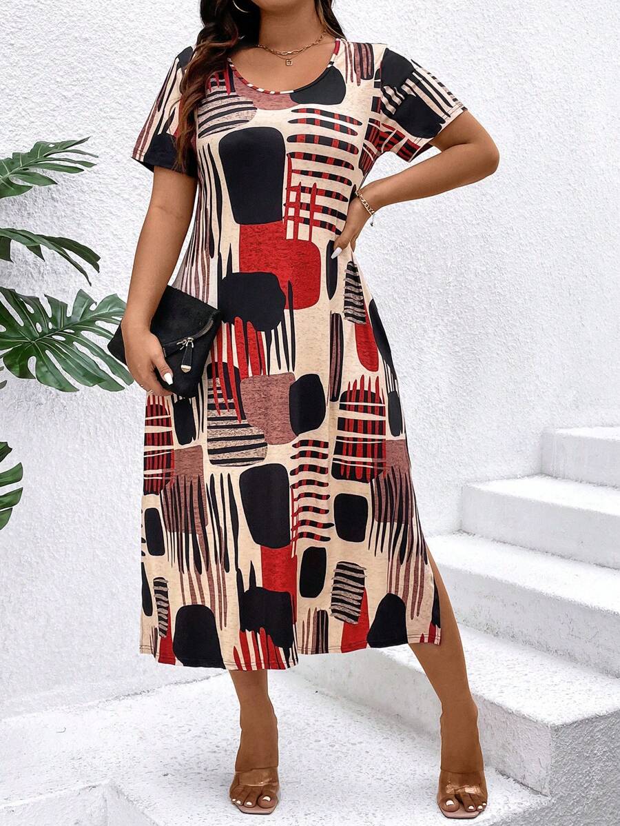 SHEIN LUNE Plus Size Casual Color Block Round Neck Short Sleeve Dress For Summer - متعدد الألوان - مشاهدة 1