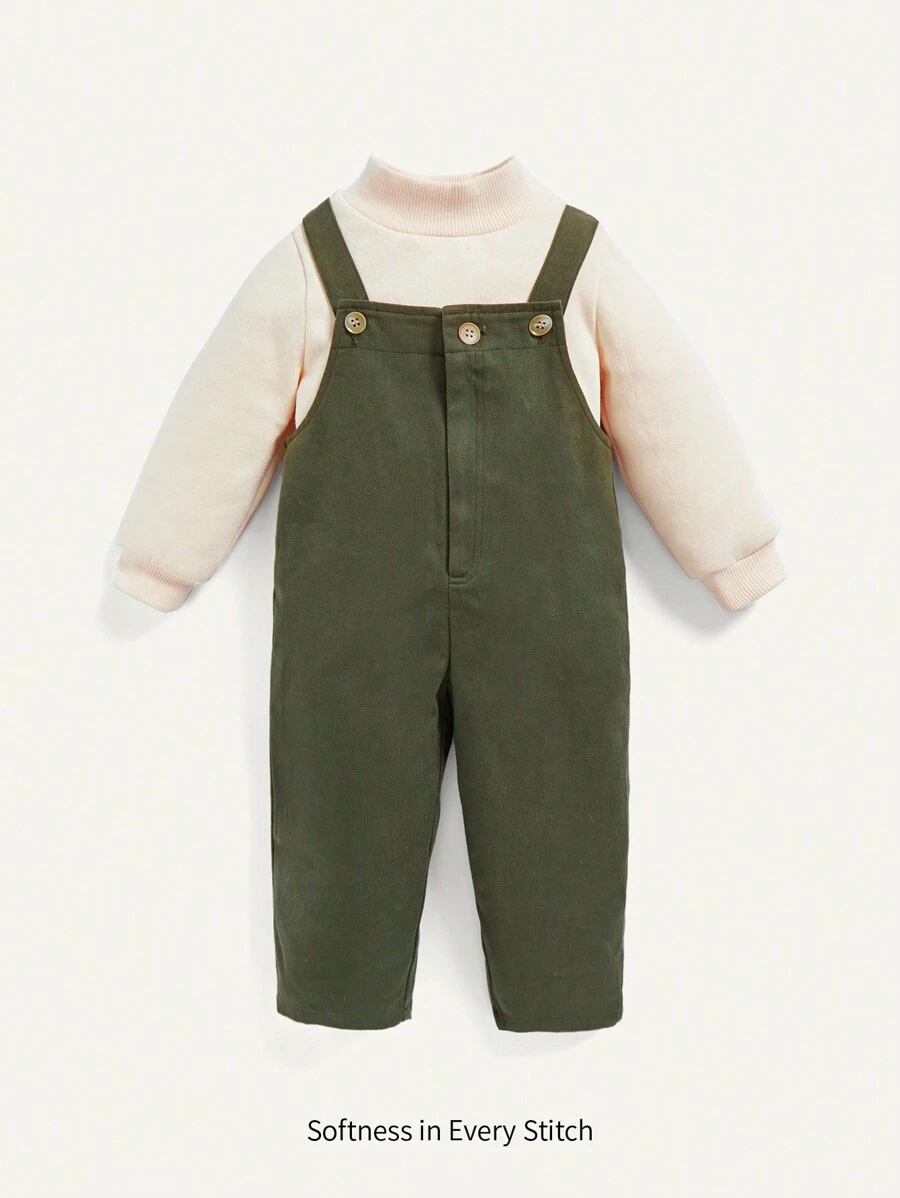 Cozy Pixies Baby Boy Mock Neck Tee & Overall Jumpsuit - Army Green - View 1
