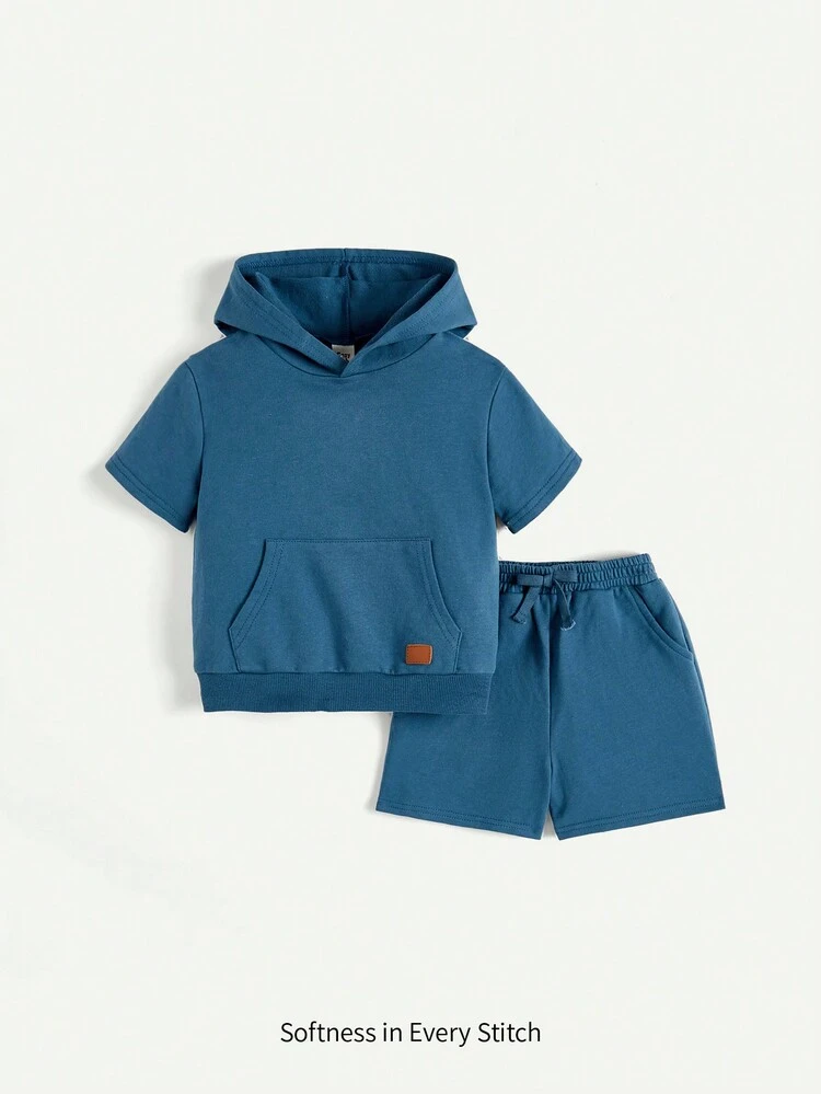 Baby Boys' Decorative Badge Solid Color Hooded Short Sleeve Sweatshirt And Shorts Set Matching Set