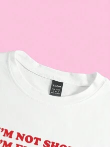 SHEIN Unity Áo thun nữ dáng ôm lửng in khẩu hiệu, mùa hè "I'M NOT SHORT I'M FUN SIZED" (Tôi không lùn, tôi chỉ nhỏ nhắn thôi) - Áo thun nữ in hình đồ họa. - trắng - Xem 5