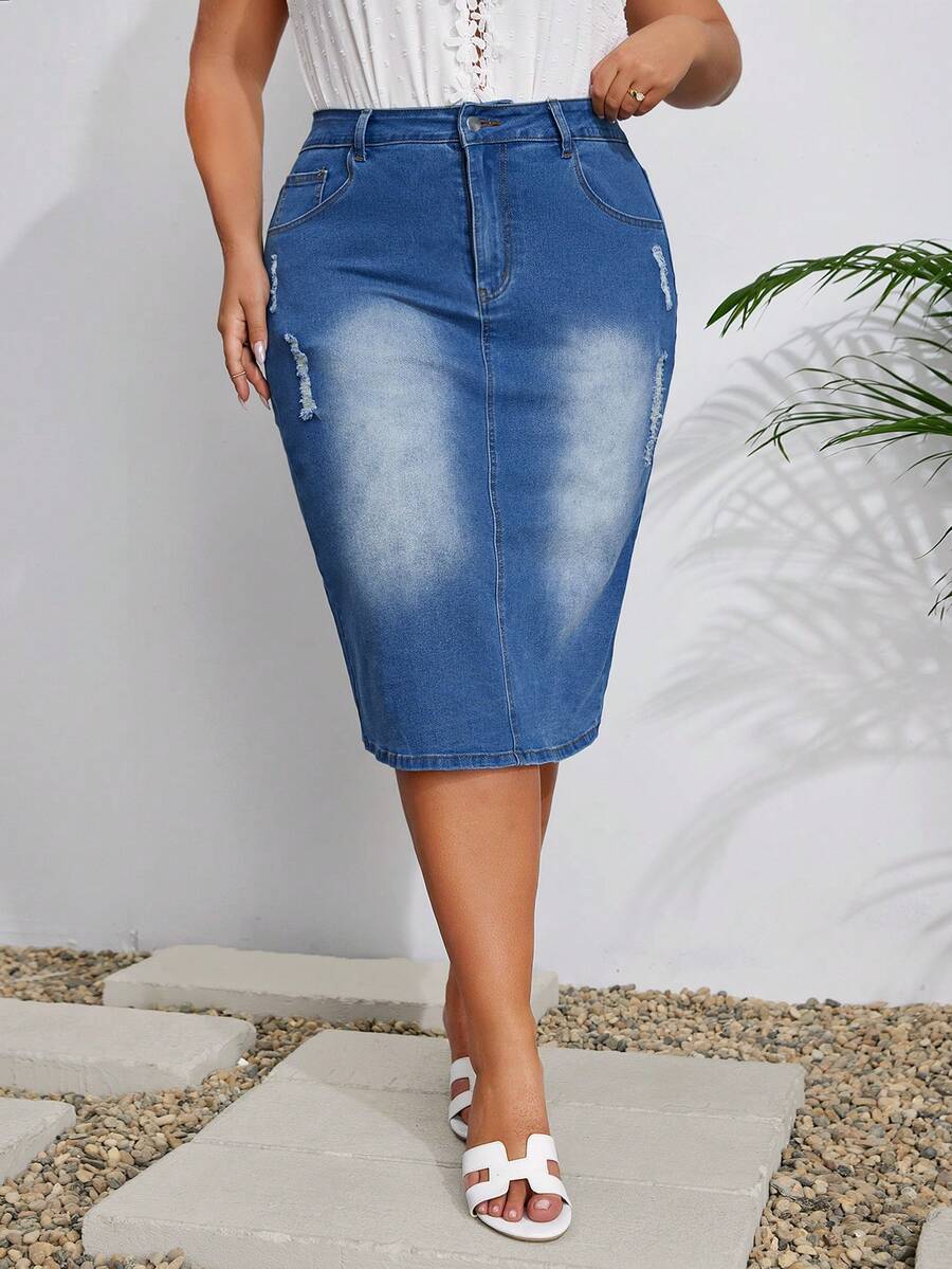 SHEIN LUNE 大尺碼休閒磨損丹寧裙,適合各種服裝搭配 - 藍色 - 查看 1