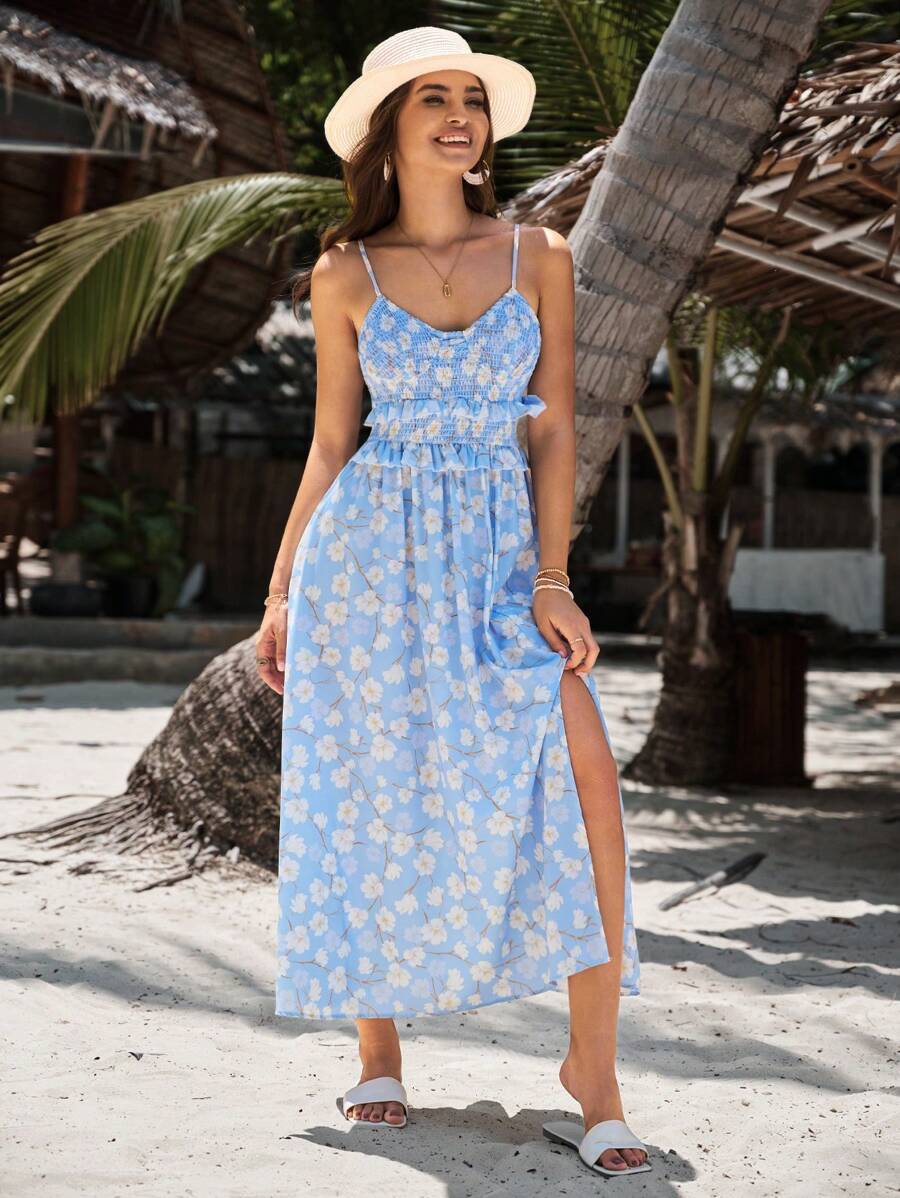 GENKIRA Random Floral Print Split Hem Frill Trimmed Embellished Spaghetti Strap Dress - Multicolor - View 1