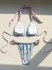 SHEIN Swim Conjunto de traje de baño bikini para mujer con estampado aleatorio dulce y de moda para verano