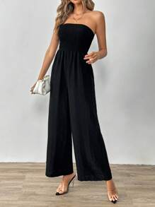 SHEIN Tall Solid Color Wide Leg Black Jumpsuit - Black - View 1
