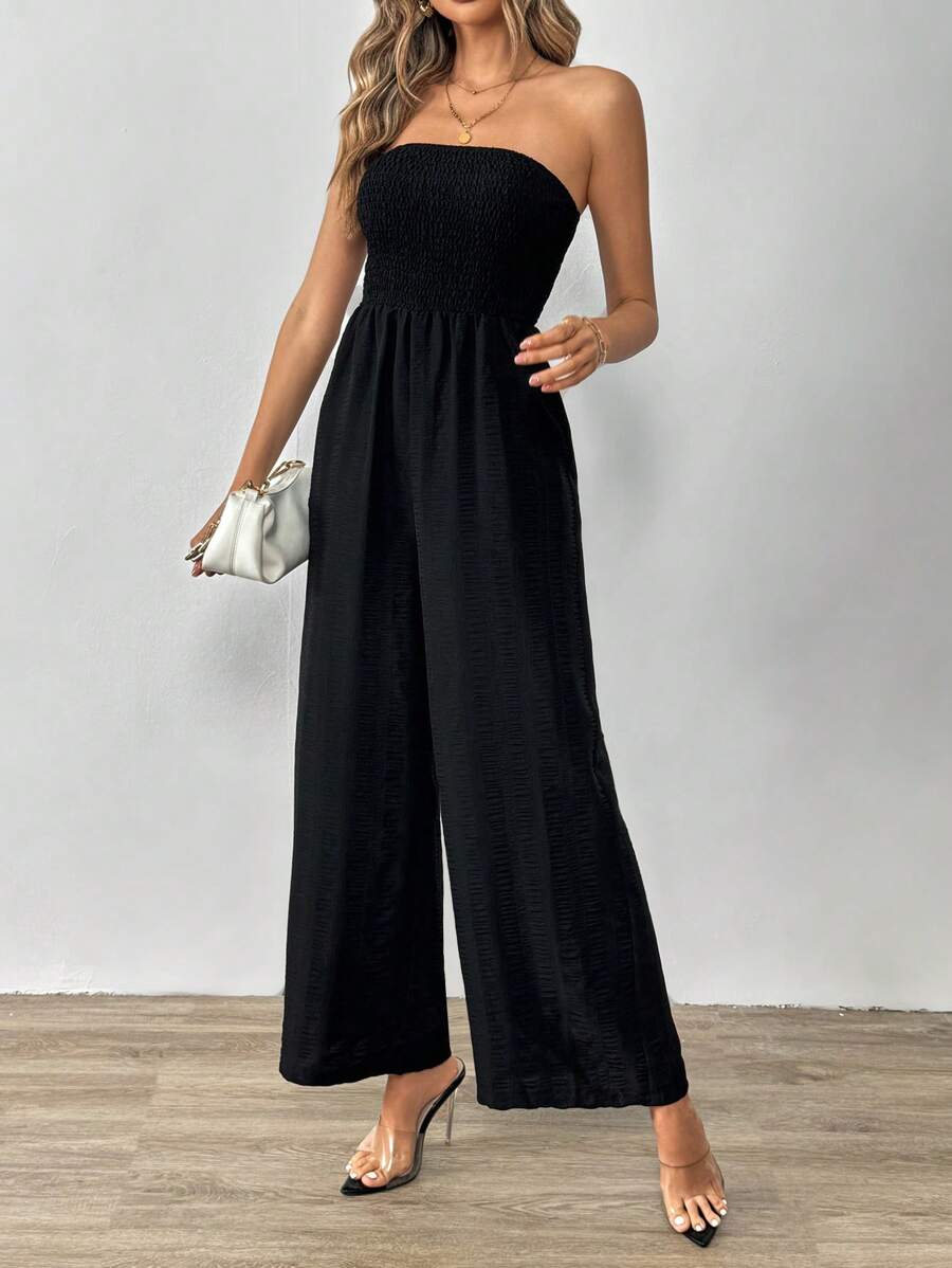SHEIN Tall Solid Color Wide Leg Black Jumpsuit - Black - View 1