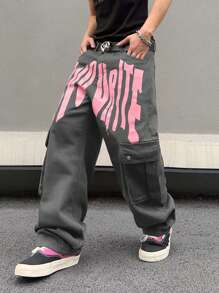 Manfinity EMRG Loose And Simple Men Letter Printed Cargo Denim Pants, Men Graphic Baggy Jeans, Men Graphic Pants, Men Streetwear Pants, Hip Hop Pants - Dark Grey - View 4