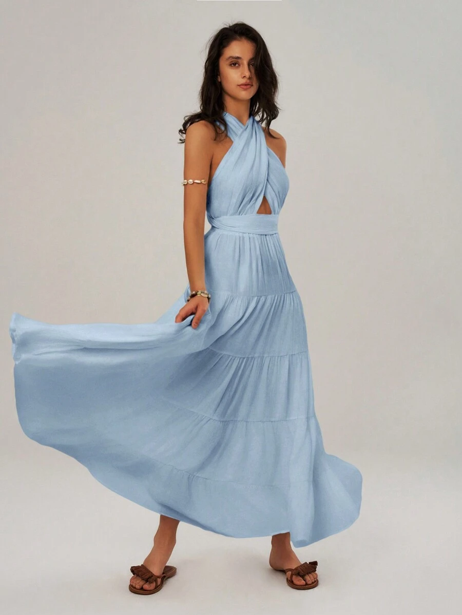 Bohemela Vacation Hollow Out Halter Neckline A-Line Dress With Elastic Waist - Baby Blue - View 1