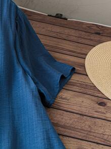 EMERY ROSE 夏季大码女式休闲拼布印花短袖二合一长裙 - 藍色 - 查看 6