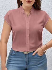 SHEIN Privé 大尺碼夏季休閒舒適鈕扣襯衫 - 粉色 - 查看 6