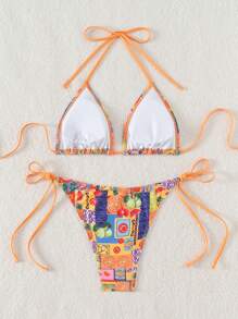 Swim Mod Summer Beach Women's Fruit Printed Halter Neck Tie Bikini Set For Vacation - Multicolor - View 3