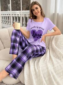Conjunto de pijama de pantalón de cuadros con estampado de letras para mujer, simple y cómodo