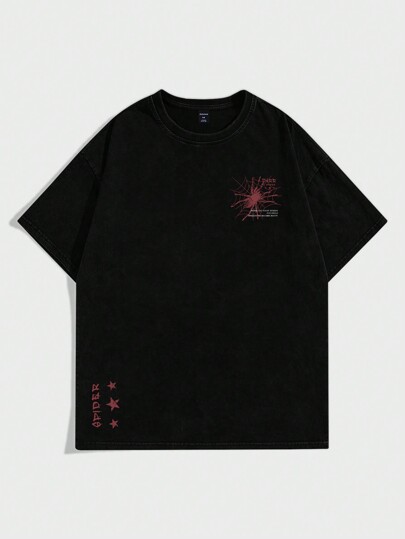 Goth Men Spider Slogan Graphic Tee For Halloween, School, 2000s Style