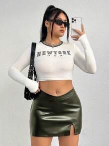 SHEIN EZwear 大尺碼女性純色pu V腰分裙,適用於夏季 - 墨綠色 - 查看 7