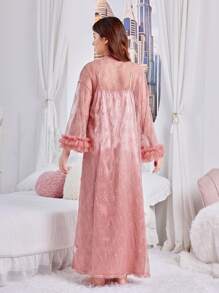 SHEIN Cô gái tuổi teen Tay áo ren thanh lịch Hem lưới trang trí tiệc cưới Bộ đồ ngủ tuyệt đẹp Bộ váy Cami, trang phục anh chị em Trang phục phù hợp (2 bộ được bán riêng) - Bụi hồng - Xem 4