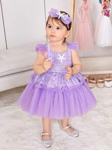 SHEIN Baby Girl Cute Mesh Dress With Ruffle Hem, Faux Pearl And Sequin Decor Accessory Set - Purple - View 3