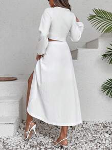 EURMUSE NỮ Màu thuần Nút bướm Cái nĩa cao Lãng mạn Kỳ nghỉ Bộ - trắng - Xem 2