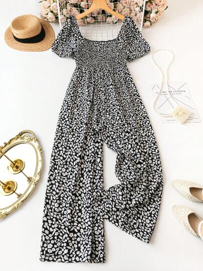 SHEIN LUNE Combinaison Décontractée À Jambes Larges De Grande Taille Avec Imprimé Floral À Petites Fleurs Pour Lété