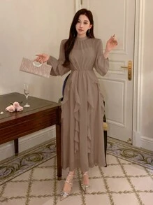 DAZY 女士纯色立领灯笼袖荷叶边连衣裙，适合春夏、生日、舞会、秋季穿着，优雅女装 - 駝色 - 查看 1