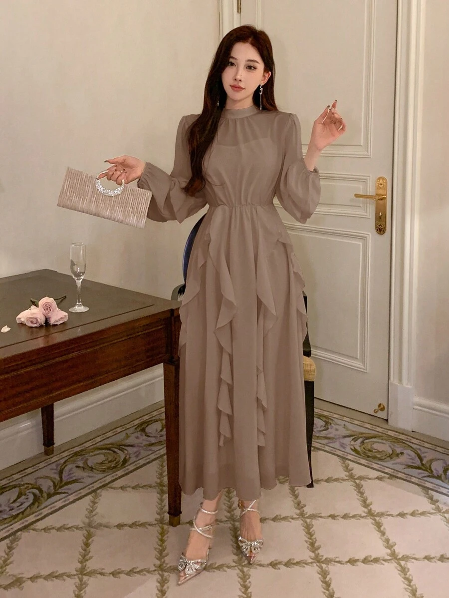 DAZY 女士纯色立领灯笼袖荷叶边连衣裙，适合春夏、生日、舞会、秋季穿着，优雅女装 - 駝色 - 查看 1