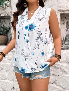 Celure 大尺碼女裝花卉印花V領無袖上衣，度假風格，夏季 - 白色 - 查看 5