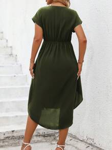 SHEIN Unity Fashionable Solid Color Short Sleeve Dress For Plus Size Women - Army Green - View 2