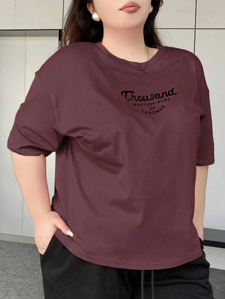 Dazy Plus Plus Size Women's Summer Letter Print Round Neck Short Sleeve Casual Loose T-Shirt Thousand MASTERPIECES OF LABORER