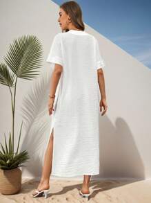 SHEIN Essnce Casual Linen Texture Loose Fit Dress With Split Hem For Home Relaxing - White - View 3