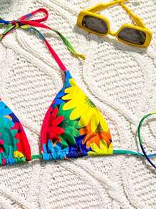 Swim Mod Women Summer Beach Floral Print Vacation Halter Tie Bikini Top