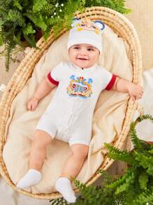 SHEIN Nouveau-né Garçon Barboteuse À Manches Courtes Boutonnée Style Chinois Avec Col Mandarin, Chapeau Tête De Tigre Et Ensemble De Pantalons Assortis