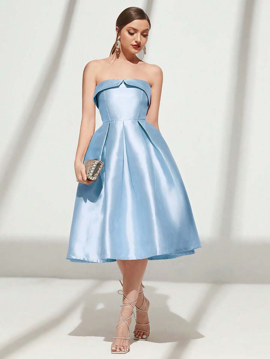 SHEIN Belle Đầm dự tiệc sang trọng không dây màu trơn thời trang dành cho nữ, Đầm dự tiệc cưới bán trang trọng, dự tiệc sinh nhật, tốt nghiệp, dự tiệc về quê - Màu xanh nhạt - Xem 1