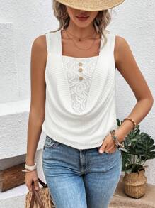 SHEIN LUNE Lace Splicing Women's Square Neck Casual Tank Top - White - View 3