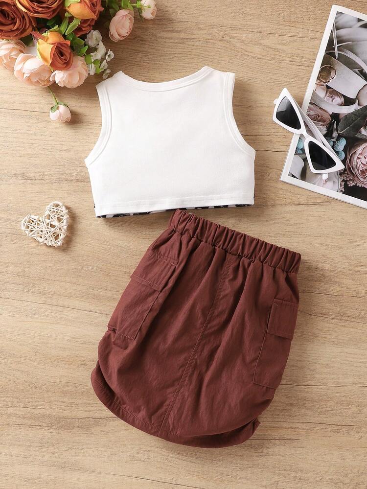 2pcs Baby Girls' Fashionable Character Print Sleeveless Cropped Top With Round Neckline And A-Line Skirt With Pocket And Pleats Details For Summer