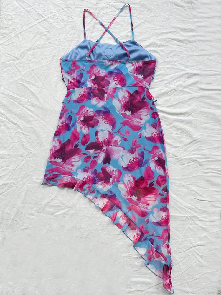 Plus Size Women's Casual Floral Printed Spaghetti Strap Asymmetrical Ruffle Hem Dress For Vacation