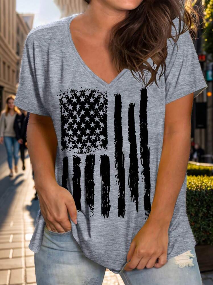 EMERY ROSE Plus Size Women V-Neck Short Sleeve Flag Print T-Shirt, Slim Fit Casual Pullover, Suitable For Summer Suitable For Going Out,Vacation/Spring - Grey - View 1