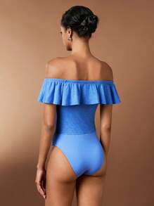 Forever 21 Summer Romantic & Sexy Knitted Off-Shoulder Bodysuit With Ruffled Lotus Edge & Flower Yarn Design