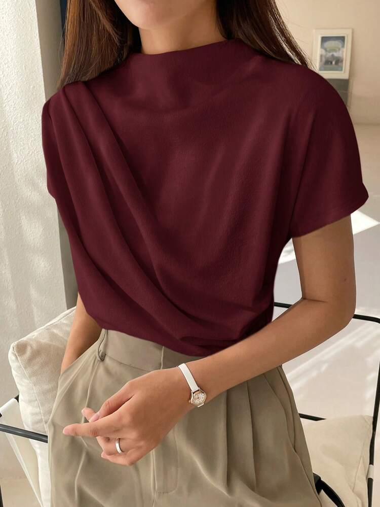 Solid Color Funnel Neck Batwing Sleeve T-Shirt