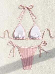 SHEIN Swim Summer Beach Gingham Print Halter Triangle Cup Bikini Set - Baby Pink - View 2