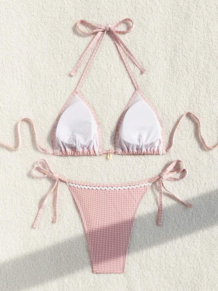 Summer Beach Gingham Print Halter Triangle Cup Bikini Set