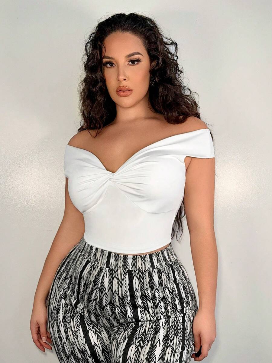 SHEIN SXY Lớn Một bờ vai Chặt Xoắn Áo thun - trắng - Xem 1