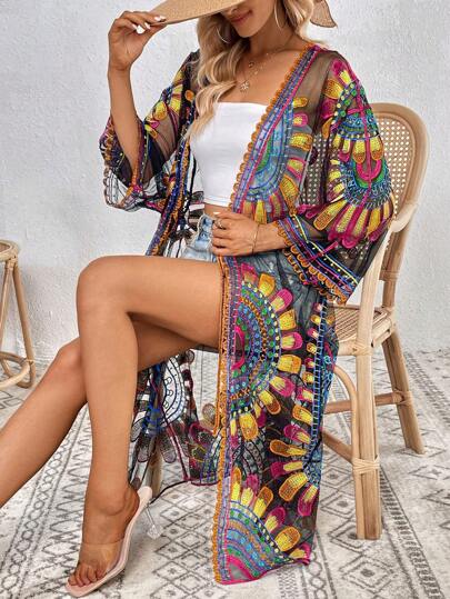 Swim Lushoire Kimono veraniego para mujer con decoración bordada colorida para playa