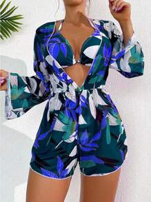 SHEIN Swim Summer Beach Women Asymmetrical Random Printed Bikini Set - Blue - View 1