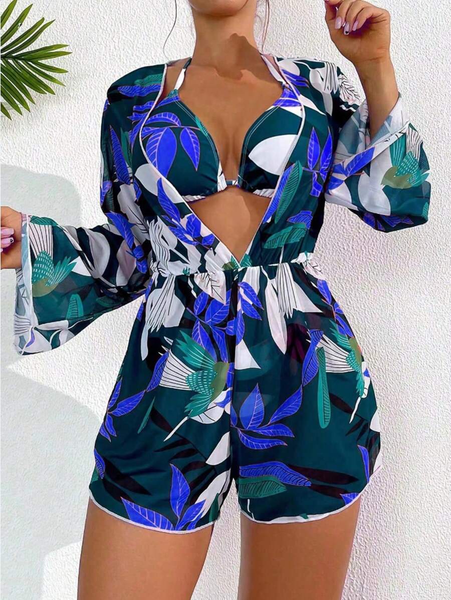 SHEIN Swim Summer Beach Women Asymmetrical Random Printed Bikini Set - Blue - View 1
