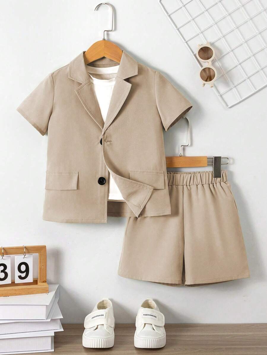 SHEIN Young Boy Solid Color Short Sleeve Shirt And Shorts Gentlemen Suit - Khaki - View 1