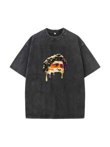 男士趣味大卫印花落肩短袖宽松休闲T恤 - 黑色 - 查看 1