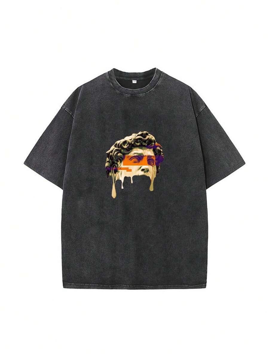 男士趣味大卫印花落肩短袖宽松休闲T恤 - 黑色 - 查看 1