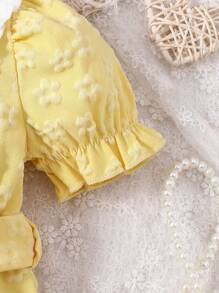 Baby Girl's Casual Short Sleeve Romper With 3d Flower Collar, Summer - Yellow - View 5