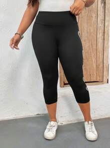 SHEIN LUNE 加大碼高腰愛心印花緊身褲，七分褲長，休閒運動 - 黑色 - 查看 4